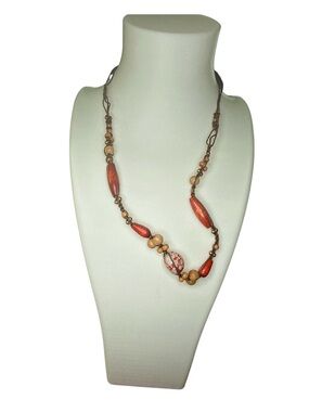 Boho Earthy Brown Cord Carved Wooden Bead Terracotta Corded Necklace 12”